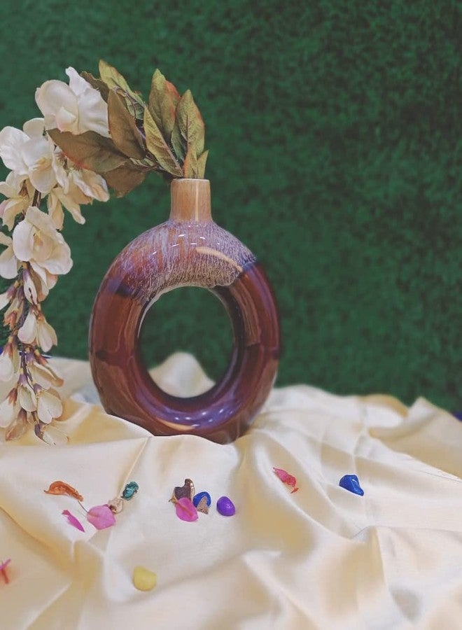 كافيين مزهرية زهور سيراميكية مصنوعة يدوياً على شكل دونات باللونين البني والكريمي، مناسبة لتزيين المنزل (مجموعة من قطعة واحدة) - Image 2